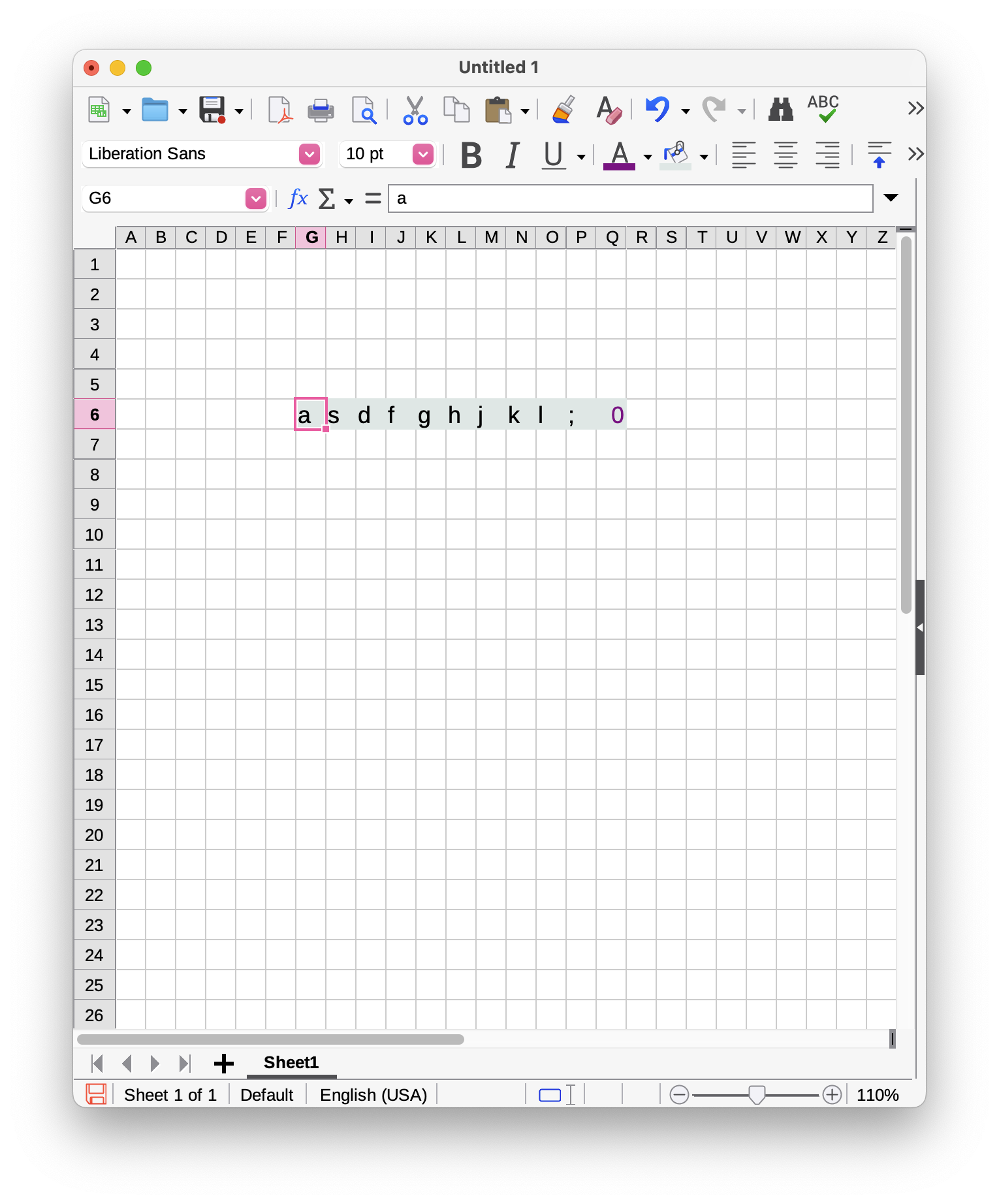 A spreadsheet with 11 cells changed to a different color, those cells having "a s d f g h j k l ; 0" written in them